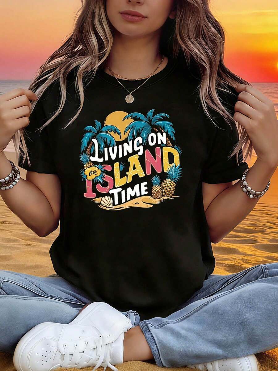 Women's Island Life Theme T-Shirt | Sunset Coconut Tree And Pineapple Graphic Element Casual Short Sleeve Yellow-Pink-Blue Contrast Vacation Vibe Summer Daily Top - 黑色 - 查看 1