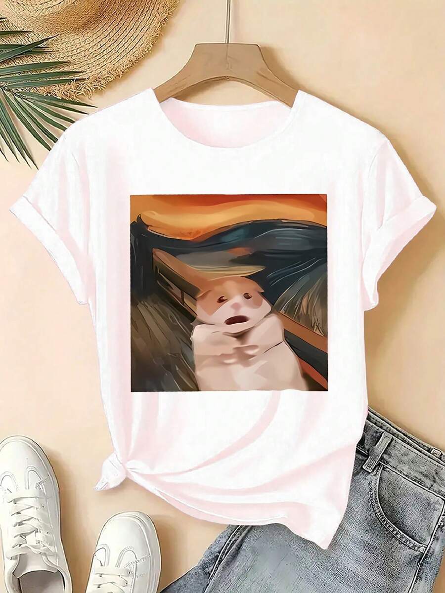 Women's Fashionable Short-Sleeve Sport T-Shirt - "The Scream" Dog Edition. Artistic Print, Full Of Fun. Printed Design, Machine Washable, Comfortable And Easy-To-Match Crew Neck Top, High-Quality Polyester Blend, Suitable For All Seasons, Multiple Colors. - 白色 - 查看 1