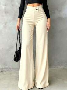 Pantalones rectos negros sólidos, casuales y elegantes para mujer.La línea de cintura asimétrica en forma de V acentúa las curvas, adecuados para uso diario, oficina, citas y vacaciones de primavera - Albaricoque - Ver 2