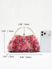 1pc Handmade 3D Colorful Mesh Embroidered Rhinestone Clasp Clutch Bag, Elegant Lady's Evening Handbag With Chain Strap For Party, Ball, Wedding (The Floral Fabric Placement May Be Uneven Due To Random Cutting, Which Is Not A Quality Issue. Buyers Who Are Particular Should Consider Carefully Before Purchasing) - Pink - View 2