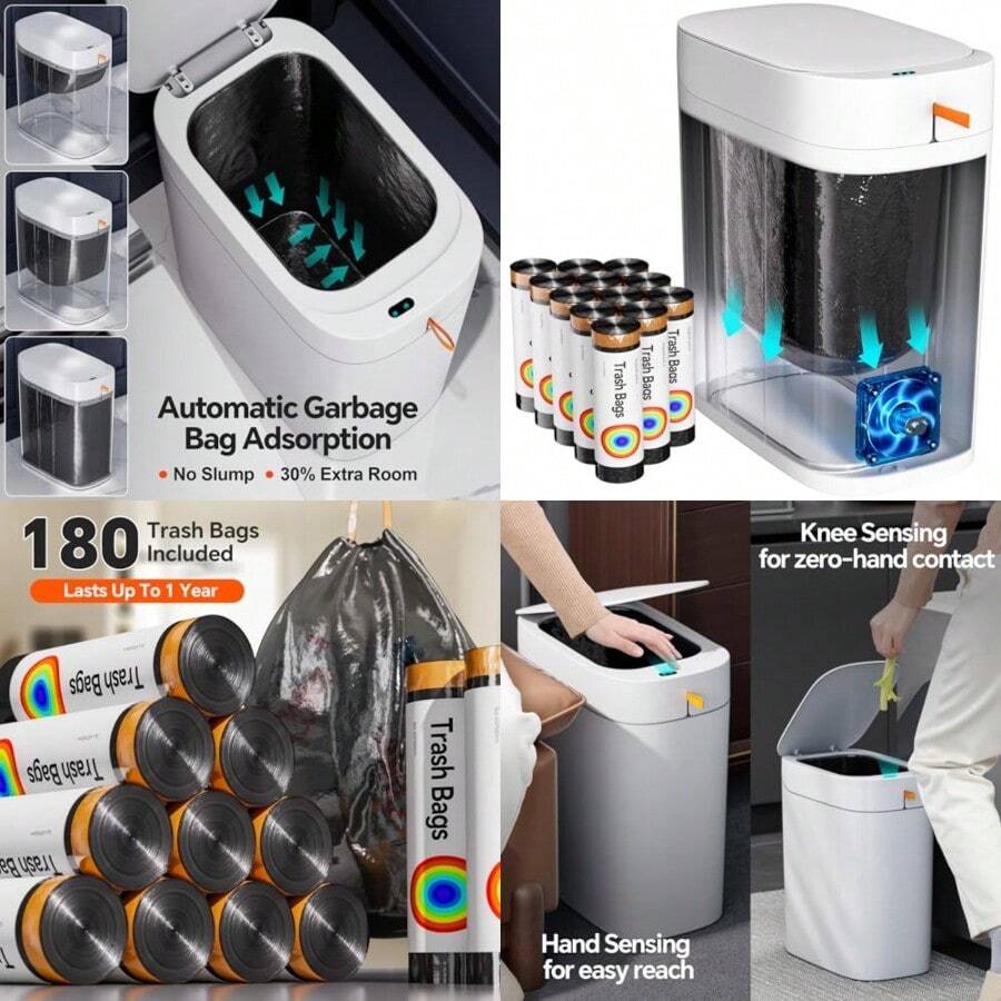 CTIME - cubeta de basura de baño con tapa 3.5 galones delgado con sensor sin tacto bote de basura inteligente de succión automática adecuado para dormitorios oficinas cocinas y baños - Blanco - Ver 1