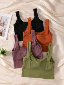 4PCS Ribbed Wide Strap Built-In Bra Tank Top, Solid Seamless Stretch Crop Cami, Women Gym Workout Layering Basic Undergarment - Multicolor - View 2