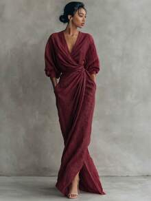Linen-Blend Wrap Maxi Dress, V-Neck Batwing Sleeve Waist Tie With Slit, Elegant Formal Evening Gown - 天藍色 - 查看 9