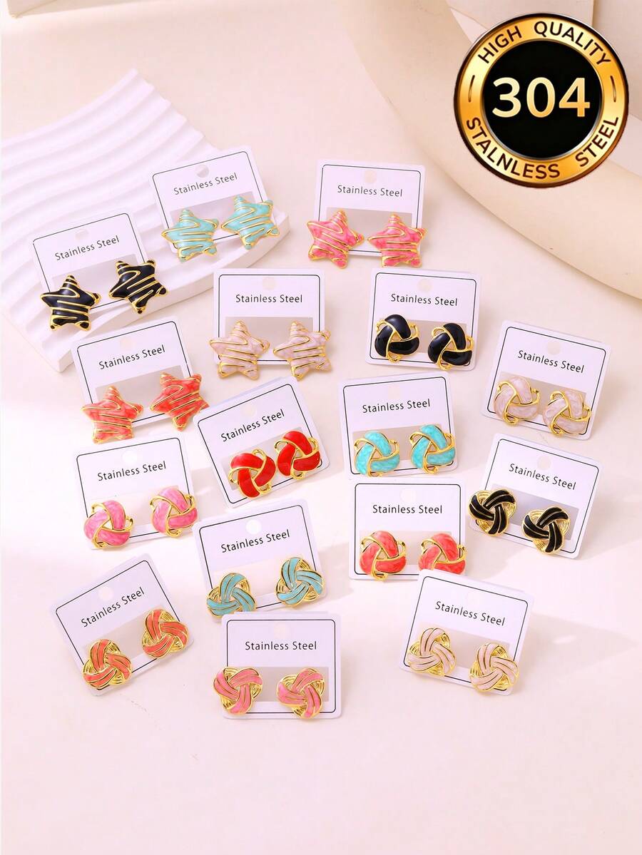 Random 2/3/4 Pairs Fluid Ripple Oil Drop Design Earrings, Each Pair Unique Natural Texture, Thick Gold-Plated Frame Anti-Oxidation Resistant To Fading, Star Style Suitable For Daily Casual, Twisted Knot Style For Date And Commute, Perfect For Self-Use Rotation And Birthday/Holiday Gifts With Gentle Design