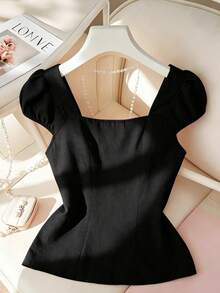 Elegant French Style Solid Color Square Collar Short Sleeve Blouse For Women, Spring/Summer, Fitted Design, Unique Black - Black - View 2