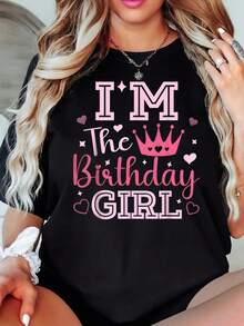 Women's Short Sleeve, Birthday, Pink Crownprinted Tshirt, Casual Black Crew Neck Tshirt, Stretch Polyester, Machine Washable, Suitable for Springsummerfall SportAthleisure - Negro - Ver 2