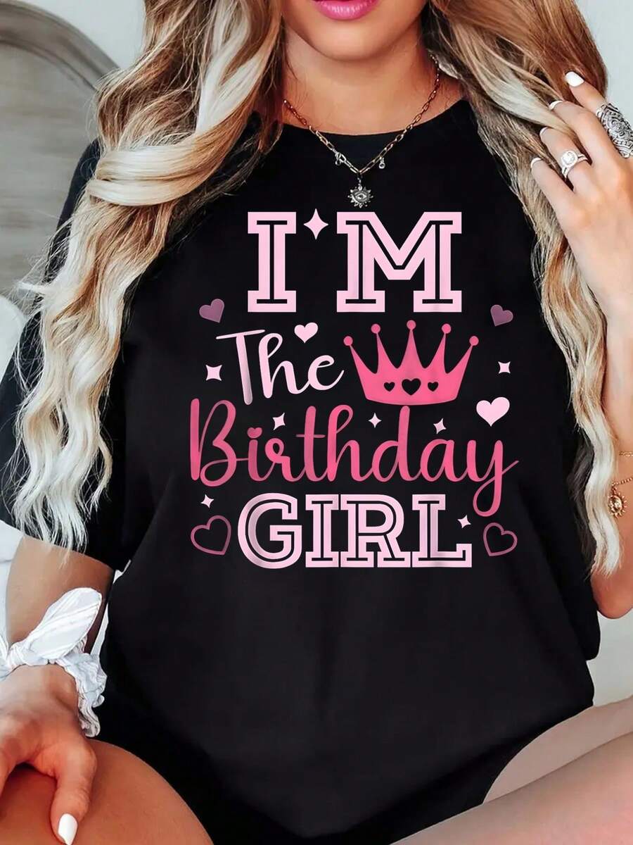 Women's Short Sleeve, Birthday, Pink Crownprinted Tshirt, Casual Black Crew Neck Tshirt, Stretch Polyester, Machine Washable, Suitable for Springsummerfall SportAthleisure