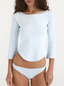 Women's Y2k Lace Trim Shirts Solid Color Boat Neck 3/4 Sleeve Asymmetrical Hem Slim Fit Crop Tops Daily Casual Going Out Basic Tees Streetwear - 天藍色 - 查看 1