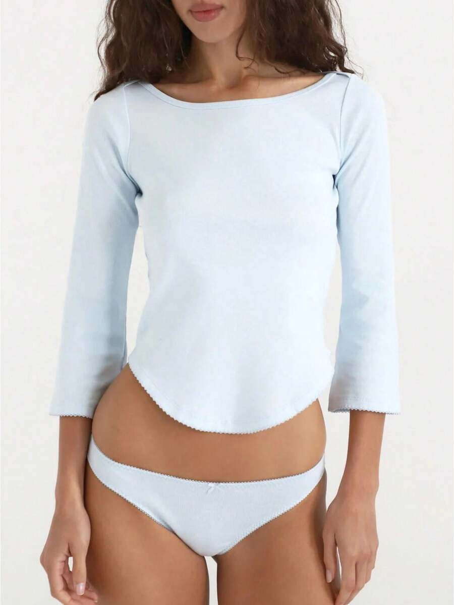 Women's Y2k Lace Trim Shirts Solid Color Boat Neck 3/4 Sleeve Asymmetrical Hem Slim Fit Crop Tops Daily Casual Going Out Basic Tees Streetwear - 天藍色 - 查看 1