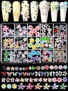 12-Slot 3D Flower Nail Art Decoration Set, Mixed Color Resin Flower & Bow Decor With Pearl & Rhinestone, Suitable For DIY Nail Art And Craft Decoration - Multicolor - View 8