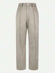 Pantalones rectos de tela de traje con bolsillo con cremallera de unicolor Jessfin, sin cintura, elegantes para la oficina, casuales y versátiles, para primavera/verano - caqui claro - Ver 4