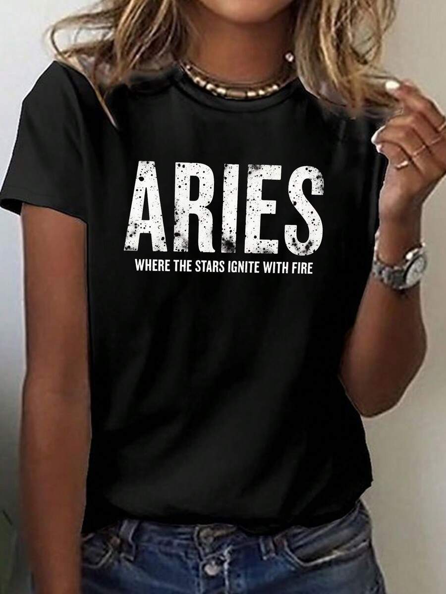 Camiseta casual de manga corta con cuello de tripulación con estampado ARIES, perfecta para primavera y verano, diseñada para mujeres