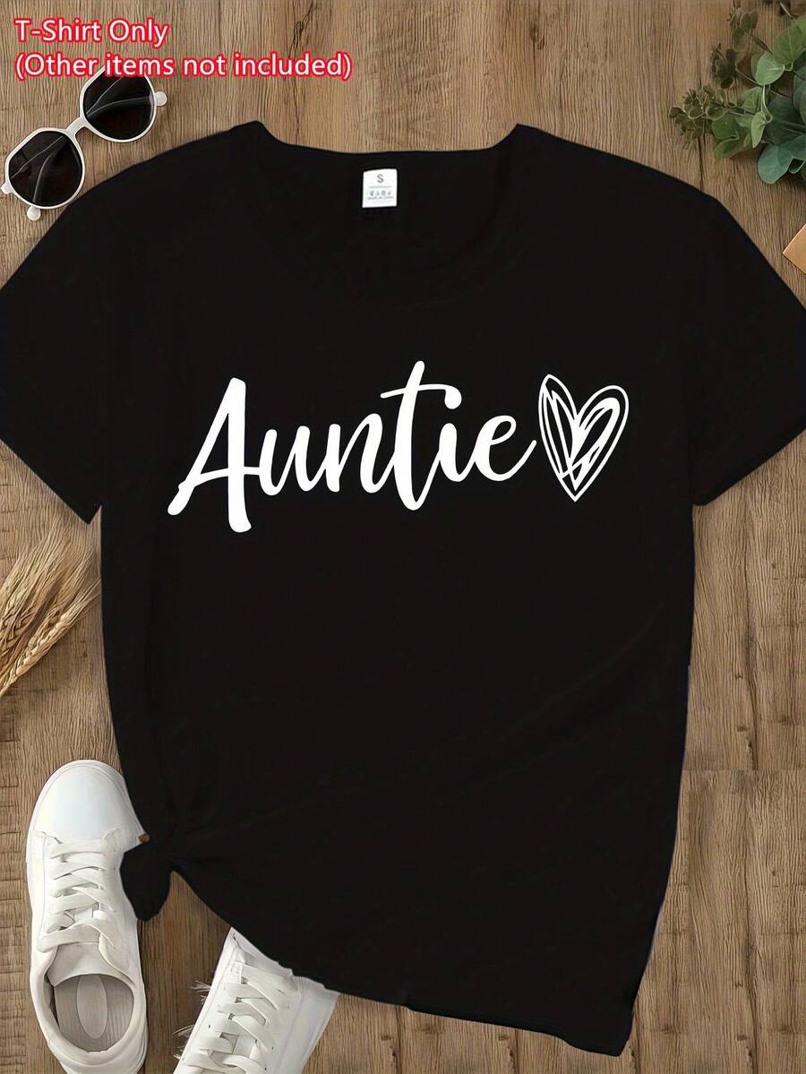 Women's Generic Auntie Short Sleeve T-Shirt - Love Letter Print Crew Neck Casual Blouse Top, Machine Washable Suitable for Summer & Spring, Casual Attire, Warmth of Auntie's Style, Non- Basic Tee