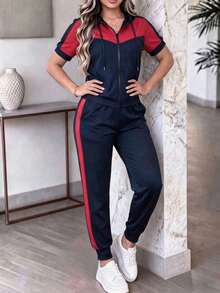 Bộ đồ công sở nữ thường ngày, áo hoodie tay ngắn phối màu tương phản thoải mái, rộng rãi kết hợp quần ống đứng kẻ sọc phối màu tương phản, bộ 2 mảnh, hàng mới về mùa xuân/hè, áo hoodie tay ngắn phối màu tương phản đa năng với quần ống đứng cạp cao rộng rãi, thanh lịch - Xanh hải quân + đỏ - Xem 3