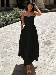 2026 Spring New Women's Clothing: Cross-Border European And American Dress, Elegant French Retro Waist-Cinching Strap Dress - 黑色 - 查看 6