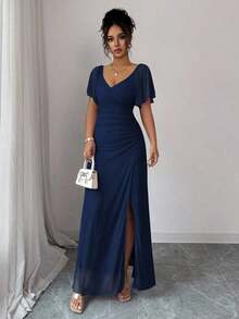 Vestido morado claro con cuello en V, mangas con volantes, cintura plisada y abertura, vestido elegante de dama de honor, vestido de fiesta, primavera/verano - Azul marino - Ver 6