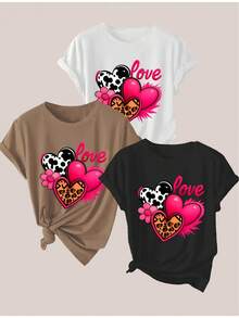 Women's Short-Sleeved One-Piece Top With Leopard Print And Pink Hearts, Adorned With Flowers And The Word "Love", Elastic Top. - 黑色 - 查看 8