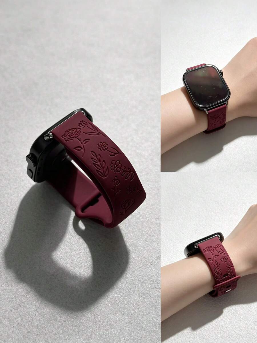 1pc Women's Silicone Watch Band, Compatible With Redmi Watch 6/5/4, Rose Embossed Pattern, Casual Breathable Silicone 8-Shaped Buckle Strap, Wristband Accessory Compatible With Mi Band 8Pro/9Pro - Burgundy - View 1