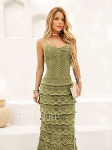 Women's Midi Knit Dress With Ruffles, Thin Straps, V-Neck, Lined, Elegant, Party, Beach - 橄欖綠 - 查看 5