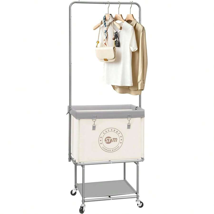 Heavy Duty Rolling Laundry Cart With Hanging Bar And Shelf - 110L Large Clothes Hamper With Wheels, Beige - A - View 1