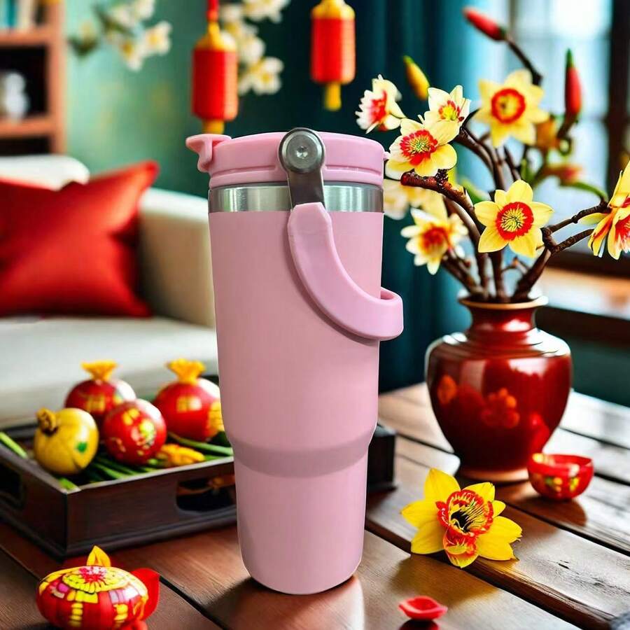 Copo Térmico Inox 900ml Tampa na Cor do Copo Alça Canudo Térmica Inoxidável - Rosa Bebê - Visão 1
