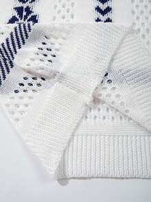 Áo polo nam cổ điển phối màu tương phản họa tiết dây leo jacquard, áo dệt kim ngắn tay thoải mái thường ngày đa năng cho công việc & kỳ nghỉ, áo len trắng - trắng - Xem 8