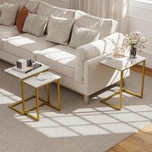 Nesting Coffee Table Set Of 3, Stackable Square End Table W/Faux Marble Tabletop & Heavy-Duty Metal Frame, Farmhouse C-Shaped Accent Table For Small Space, Living Room, Bedroom (White Gold) - 白金 - 查看 3