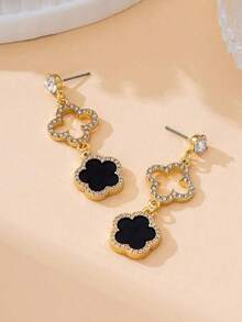 Pendientes elegantes y lujosos de estilo coreano minimalista de verano con diseño de patchwork geométrico y floral de moda - Negro - Ver 3