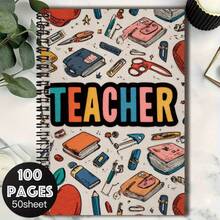 100-Page Cartoon Stationery Pattern Spiral Notebook, "TEACHER" Decorative Cover Text. High-Capacity, Thick And Durable Paper. Suitable For Work Records, Study Notes, Daily Planning, Also An Ideal Gift For Graduation, Birthday And Other Occasions. - I - View 7