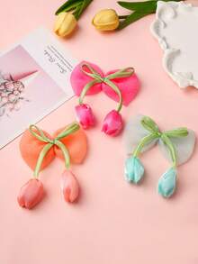 5/3/2PCS Sweet Tulip Bow Mesh Hair Clips, Elegant Floral Hair Accessories Designed For Girls, Large Clip-On, Sweet Princess Fashion Style, Tulip And Bow Design Organza Hair Accessories, Alligator Hair Clip Metal Hairpin Set, Cute Girl Vacation Season Party Hair Accessories - Multicolor - View 5