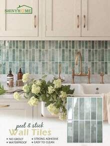 1/10/30/50pcs 3D Imitation Handmade Tile Stickers, Self-Adhesive Kitchen Backsplash, Waterproof Anti-Fouling Tile Stickers, Suitable For Bathroom, Kitchen, Bar, RV, Home Decor - Mint Green - View 5