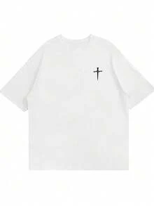Playera casual de hombre con estampado de cruz estilo minimalista urbano - Blanco - Ver 4