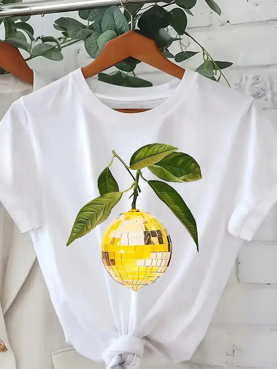 Women's Vintage 70s 80s Disco Party T-Shirt | White With Gold Disco Ball And Leaf Print Dance Costume, Short Sleeve Crew Neck Top For Disco Wear, Birthday Wear, Vintage Casual, Machine Washable - 白色 - 查看 1