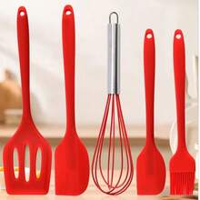 Juego de 5 piezas de utensilios de cocina de silicona que incluye cuchara, espátula, batidor, espátula pequeña y cepillo - Rojo - View 9