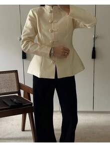Women's Chinese-Style Button-Front Jacket: Fashionable Cropped Coat With Solid Color Stand-Up Collar - 黃色 - 查看 3