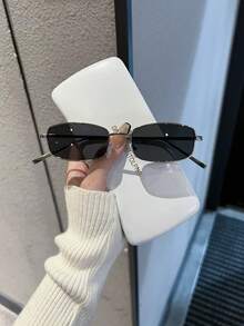 1 Pair Fashionable Retro Square Small Frame Metal Glasses, Suitable For Matching, Decoration, Travel, Vacation, Driving (Eyeglass Case Not Included) - Black - View 12