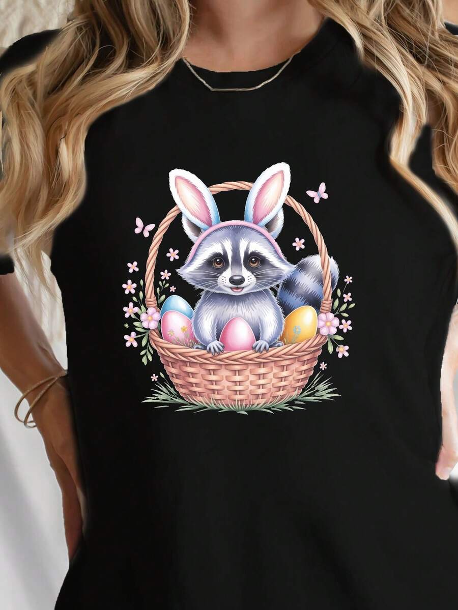 Adorable Raccoon en la cesta de Pascua imprimir camiseta, manga corta cuello de tripulación top casual para el verano y la primavera, ropa de mujer