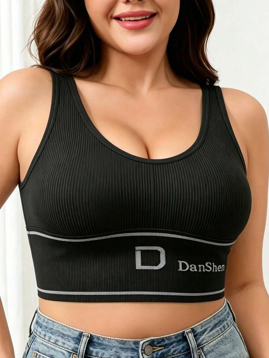 EssElegance Women's Plus Size Yoga Fitness Sports Bra, Medium To High Support Shock-Absorbing Wire-Free Thick Padded Seamless Racerback Non-Slip Running Top - Black - View 1