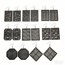 8 Pairs Laser Cut Geometric Hollow Carved Wooden Rectangular Octagonal Rhombus Multi-Pattern Women's Earrings - 8 Pairs - View 10