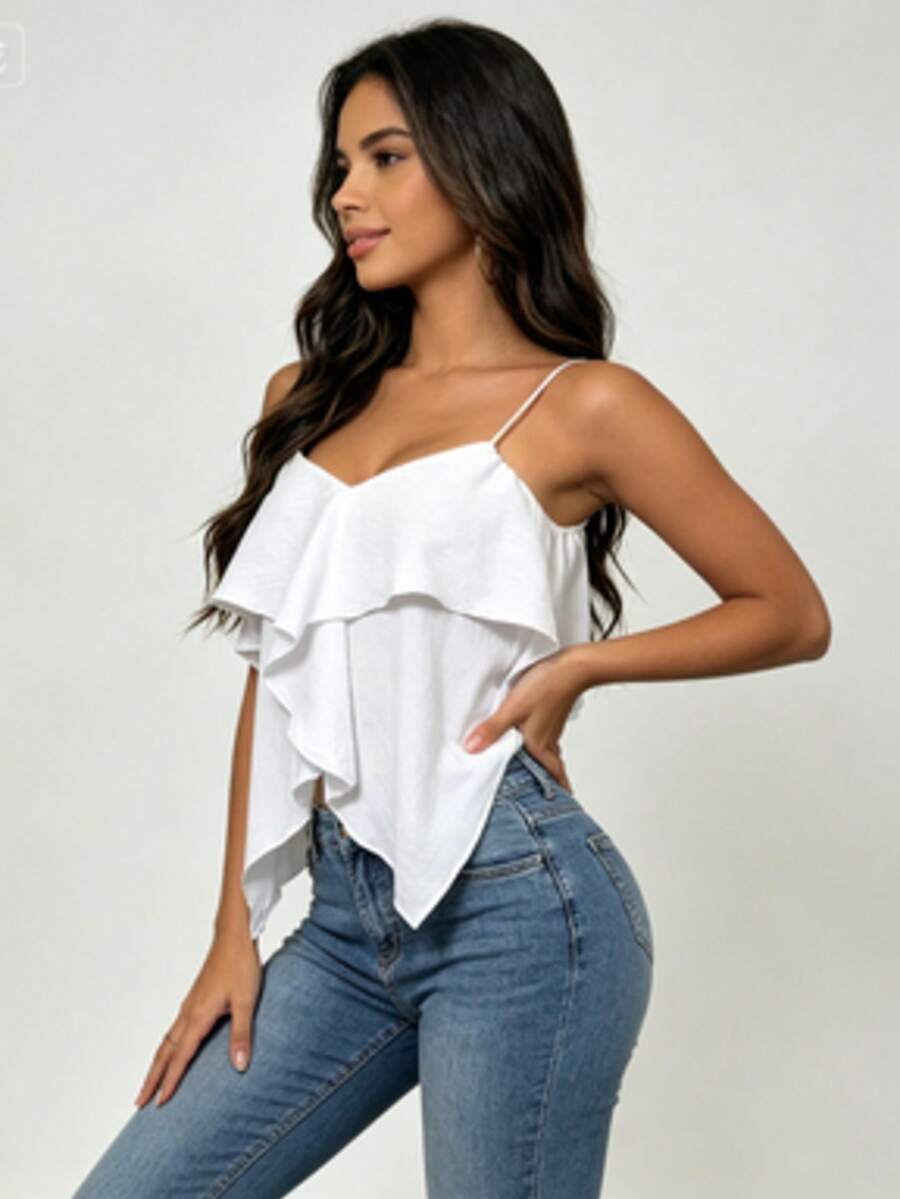 Thin Strappy Top With Pleats And Irregular Hem - 白色 - 查看 1