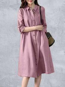 Vestido camisero casual de mujer con pliegues, de manga larga, holgado, de unicolor, largo, color rosa, para primavera - Rosa - Ver 2