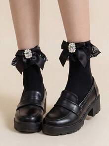 Black Bow Rhinestone Ankle Socks - Black - View 1