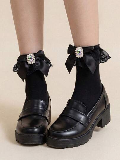 Black Bow Rhinestone Ankle Socks