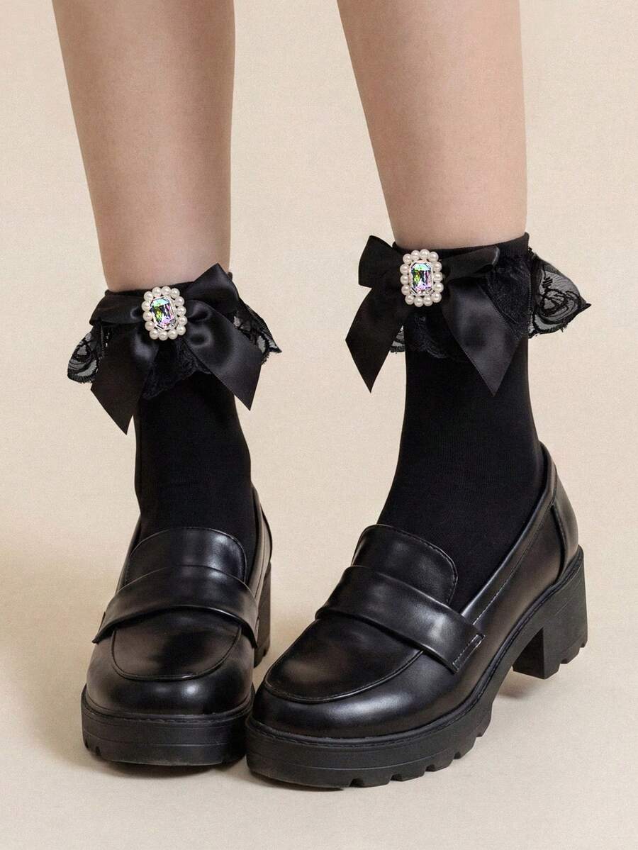 Black Bow Rhinestone Ankle Socks - Black - View 1
