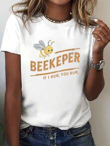 Una camiseta casual de manga corta con un diseño de abejas de dibujos animados para apicultores, perfecta para primavera y verano, diseñada para mujeres - Blanco - Ver 2