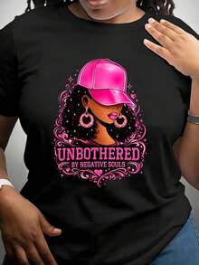 Sombrero de mujer de moda con estampado, camiseta de cuello redondo de manga corta, tela suave y transpirable, lavable en máquina, ajuste regular, adecuado para verano, otoño, invierno y primavera, traje casual cómodo, camiseta con estampado artístico. - Negro - Ver 2