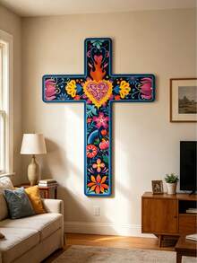 1pc Floral Cross Wall Decor, Hand-Painted Decorative Wooden Cross, Mexican Art Wall Decor, Mexican Cross, Home/Classroom/Church Decor, Vintage Style - A - View 1