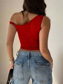 Top casual de manga corta con cuello asimétrico, plisado y unicolor negro - Rojo - Ver 2