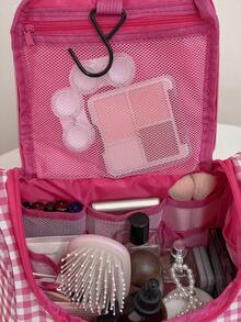 Bolsa de cosméticos grande de capacidad con bordado a cuadros rosas y blancos, organizador de artículos de tocador para viajes - Multicolor - Ver 9