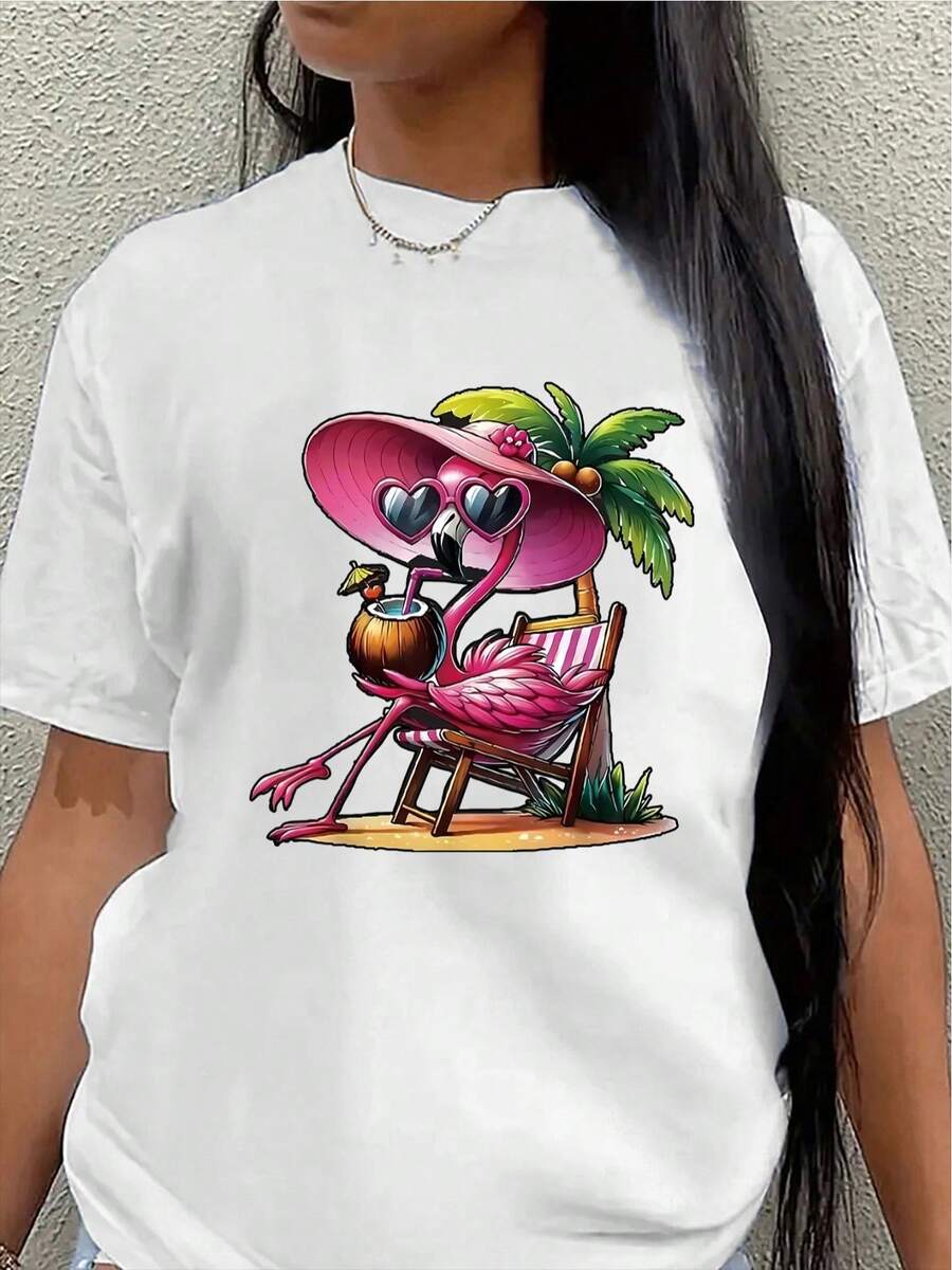 Camiseta de manga corta con estampado de flamenco rosa - Blusa ligera de cuello redondo casual adecuada para el hogar, restaurante y trajes de playa, Top de longitud corta lavable en máquina, sin ajuste / Hem para - desgaste